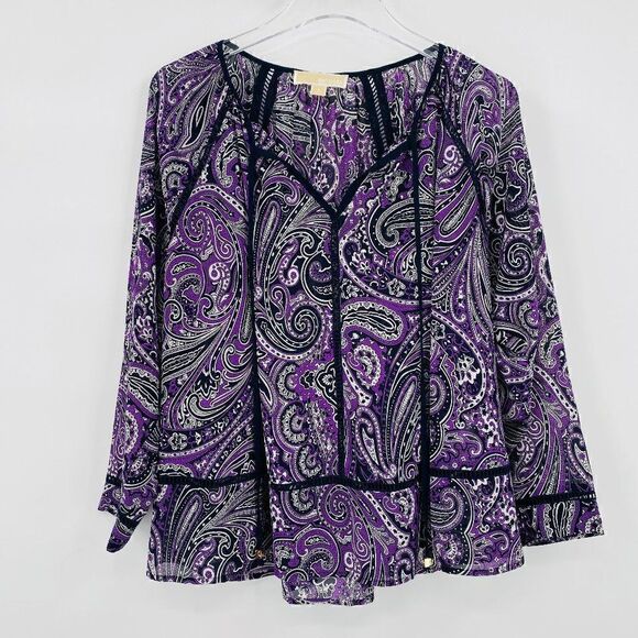 Michael Kors Size Small Purple Paisley Print Sheer Tassel Career Popover Blouse - Picture 1 of 7